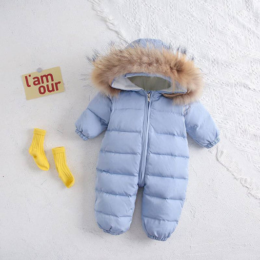 Velvet Winter Jumpsuit with Fur Collar – Thick & Warm Infant Crawling Suit for Boys & Girls