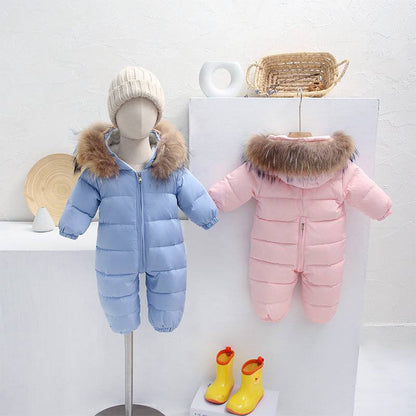 Velvet Winter Jumpsuit with Fur Collar – Thick & Warm Infant Crawling Suit for Boys & Girls