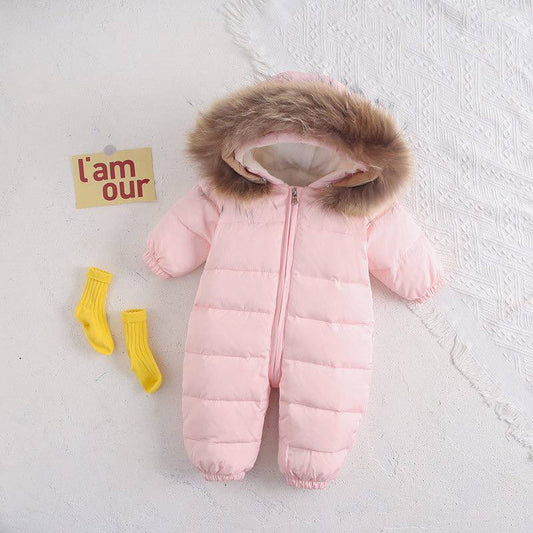 Velvet Winter Jumpsuit with Fur Collar – Thick & Warm Infant Crawling Suit for Boys & Girls
