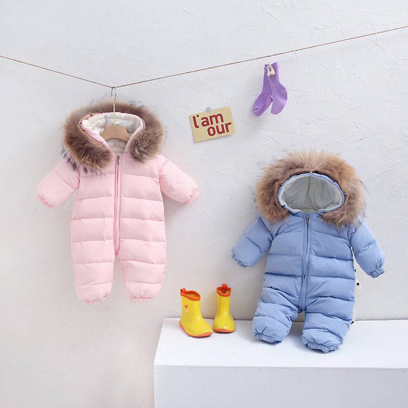 Velvet Winter Jumpsuit with Fur Collar – Thick & Warm Infant Crawling Suit for Boys & Girls