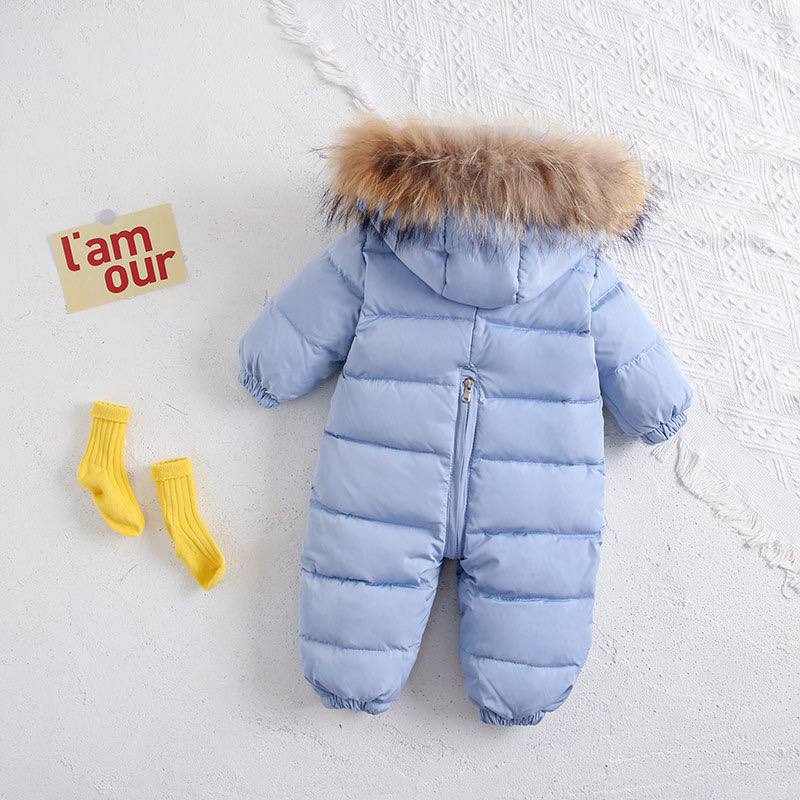 Velvet Winter Jumpsuit with Fur Collar – Thick & Warm Infant Crawling Suit for Boys & Girls