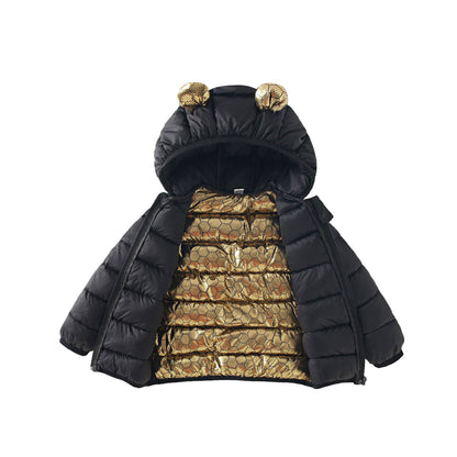 Black & Gold Thickened Baby Jacket – Winter Cotton Coat for Boys & Girls