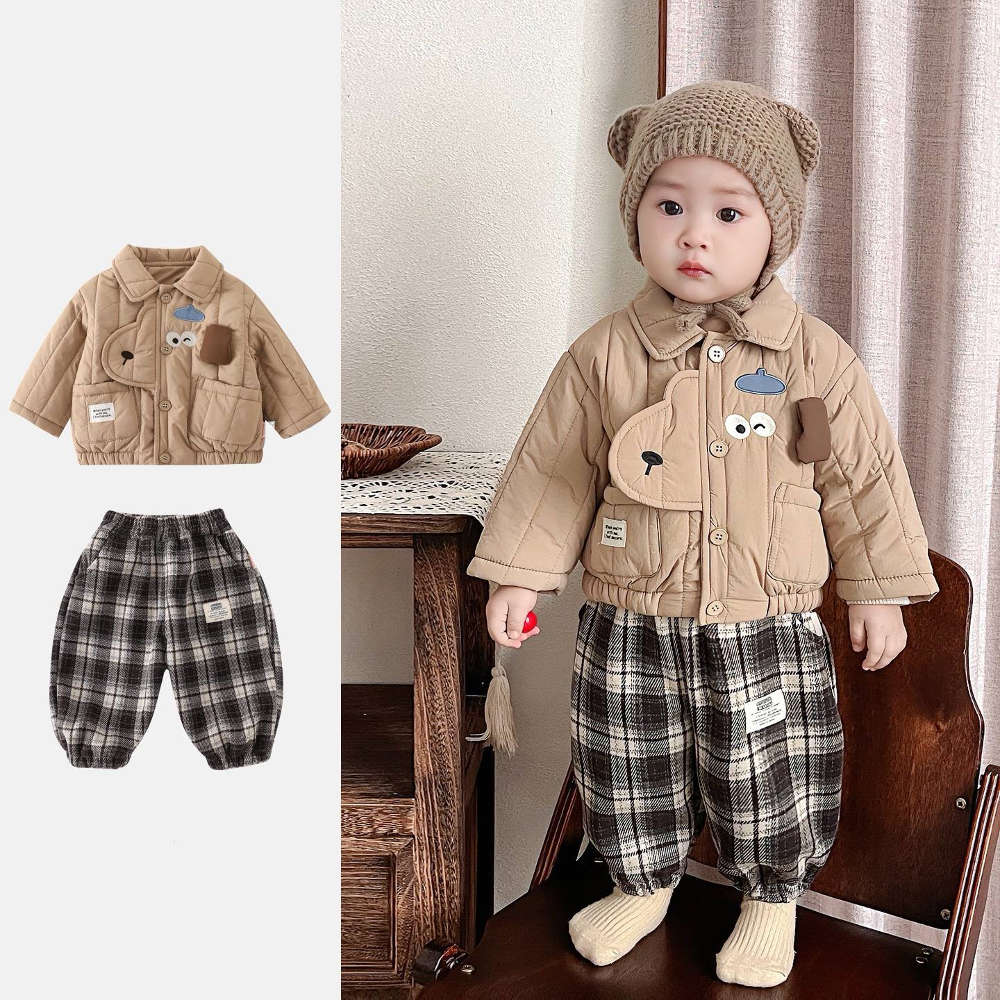Baby Boy Quilted Long-Sleeve Two-Piece Set – Autumn/Winter Cartoon Outfit