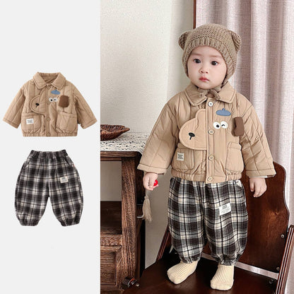 Baby Boy Quilted Long-Sleeve Two-Piece Set – Autumn/Winter Cartoon Outfit