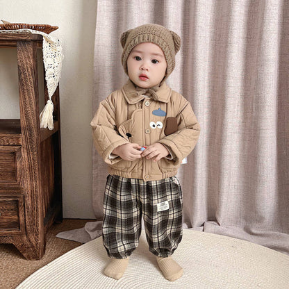 Baby Boy Quilted Long-Sleeve Two-Piece Set – Autumn/Winter Cartoon Outfit